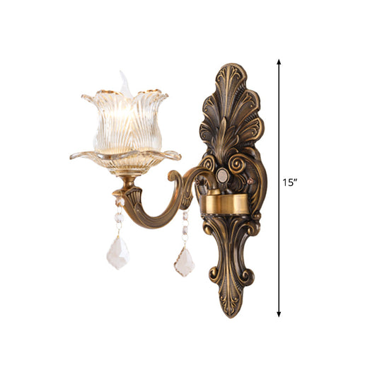 Antique Brass Wall Lamp: Single Mounted Bedside Light With Flower Shade & Clear Prismatic Glass