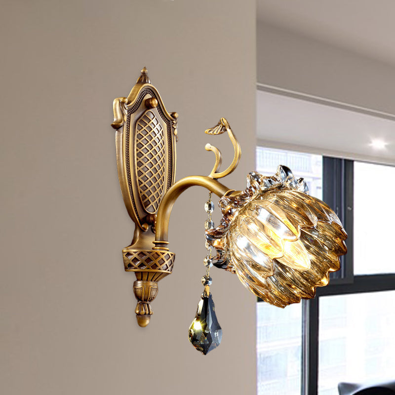 Antique Style Brass Lotus Wall Sconce - Amber Glass Sitting Room Lighting