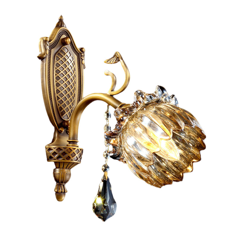 Antique Style Brass Lotus Wall Sconce - Amber Glass Sitting Room Lighting