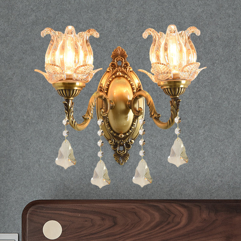 Brass Wall Mount Sconce With Clear Glass 1/2-Light For A Classic Floral Look