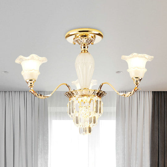 Modern Tapered Crystal Prism Chandelier with Ruffled Bell Frosted Glass Shade in Gold - Available in 3/6 Light Options for the Bedroom