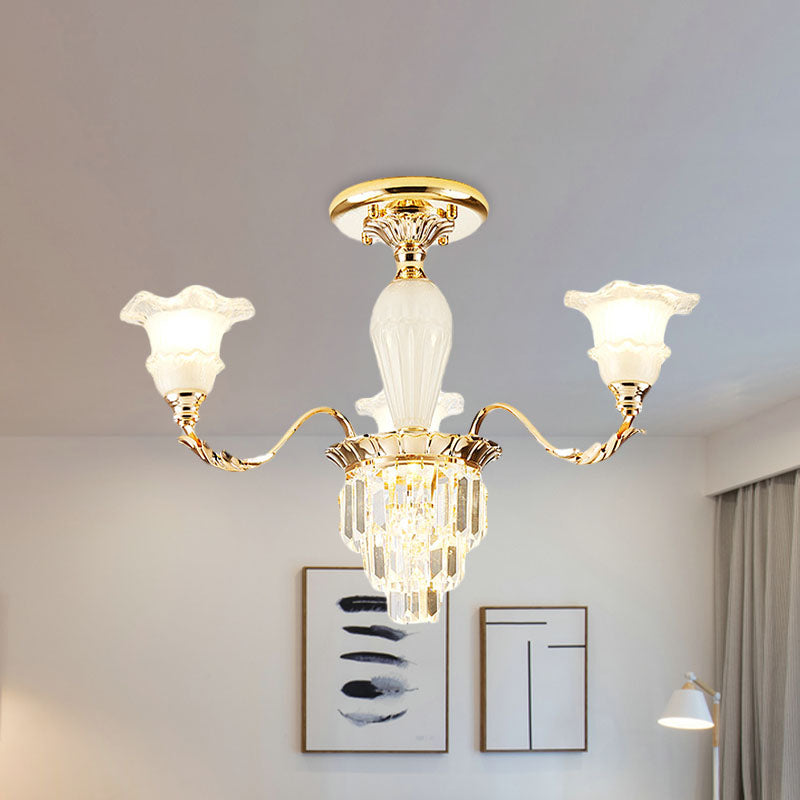 Modern Tapered Crystal Prism Chandelier with Ruffled Bell Frosted Glass Shade in Gold - Available in 3/6 Light Options for the Bedroom