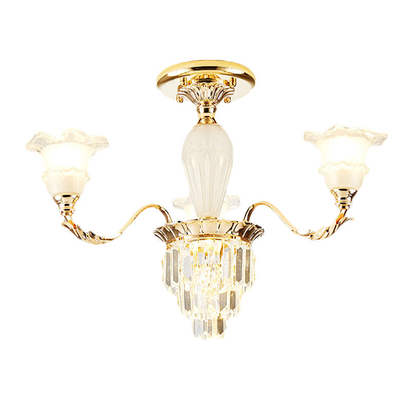 Modern Tapered Crystal Prism Chandelier With Ruffled Bell Frosted Glass Shade In Gold - Available