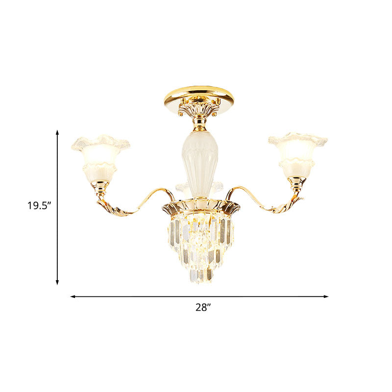 Modern Tapered Crystal Prism Chandelier with Ruffled Bell Frosted Glass Shade in Gold - Available in 3/6 Light Options for the Bedroom