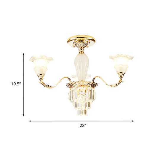 Modern Tapered Crystal Prism Chandelier With Ruffled Bell Frosted Glass Shade In Gold - Available