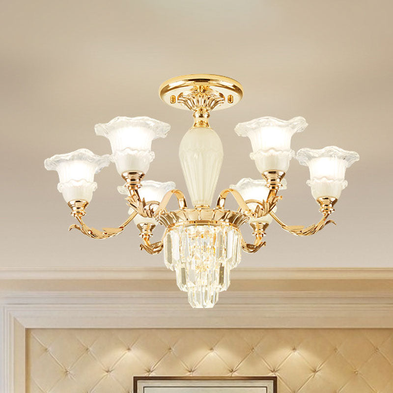 Modern Tapered Crystal Prism Chandelier With Ruffled Bell Frosted Glass Shade In Gold - Available