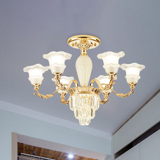 Modern Tapered Crystal Prism Chandelier with Ruffled Bell Frosted Glass Shade in Gold - Available in 3/6 Light Options for the Bedroom