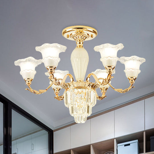 Modern Tapered Crystal Prism Chandelier with Ruffled Bell Frosted Glass Shade in Gold - Available in 3/6 Light Options for the Bedroom