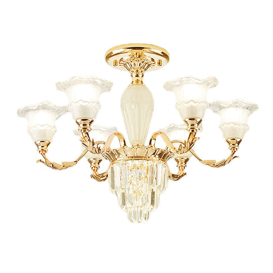 Modern Tapered Crystal Prism Chandelier With Ruffled Bell Frosted Glass Shade In Gold - Available