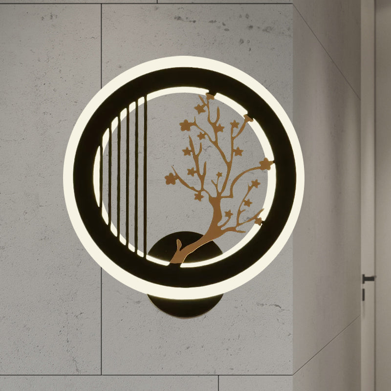 Round Wall Mounted Led Light With Acrylic Shade - Black Plum Tree/Bamboo Design / A