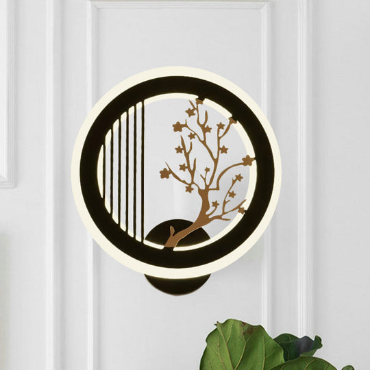 Round Wall Mounted Led Light With Acrylic Shade - Black Plum Tree/Bamboo Design