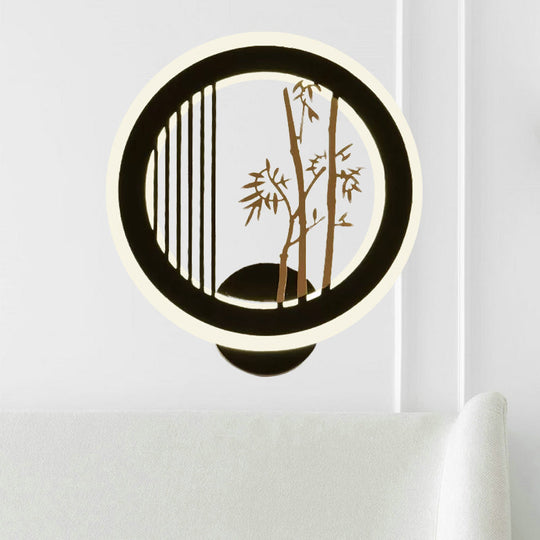 Round Wall Mounted Led Light With Acrylic Shade - Black Plum Tree/Bamboo Design / B