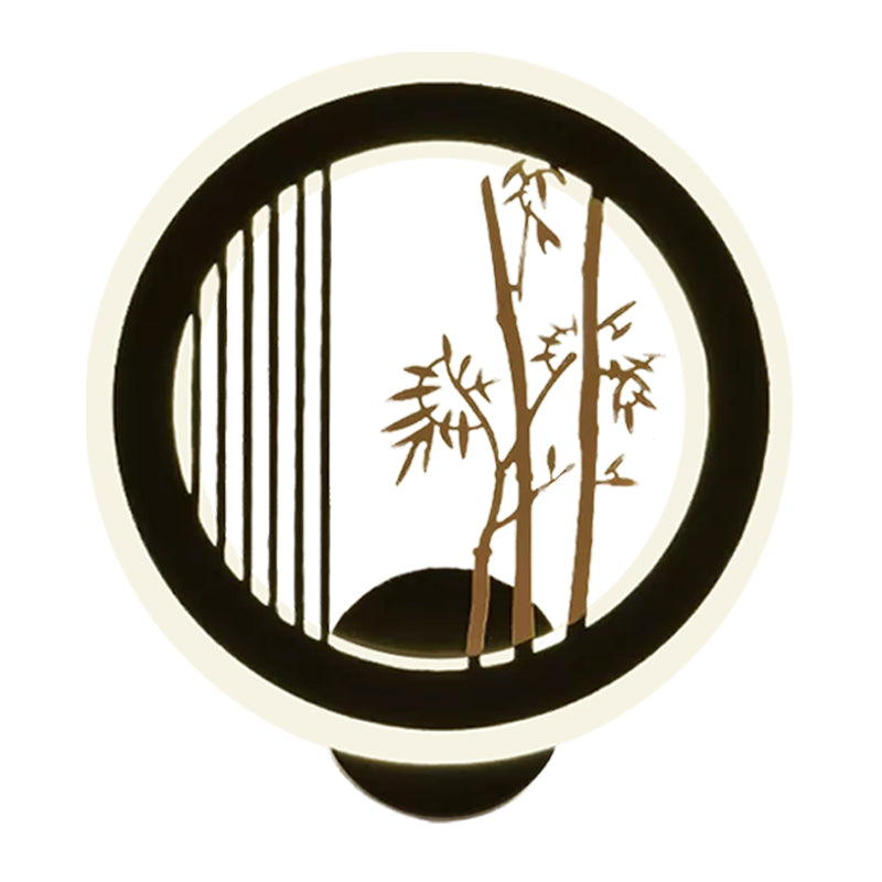 Round Wall Mounted Led Light With Acrylic Shade - Black Plum Tree/Bamboo Design