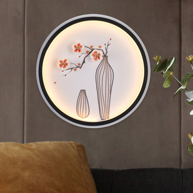 Minimalist Led Wall Lamp In Black With Plum And Vase Dining Room Mural Design