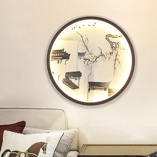 Chinese Ancient Town Metal Mural Light In Black - Led Flush Mount Wall Sconce For Living Room