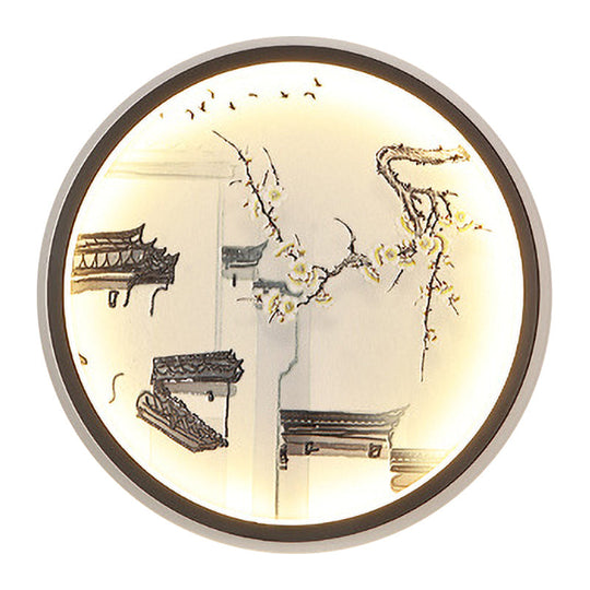 Chinese Ancient Town Metal Mural Light In Black - Led Flush Mount Wall Sconce For Living Room