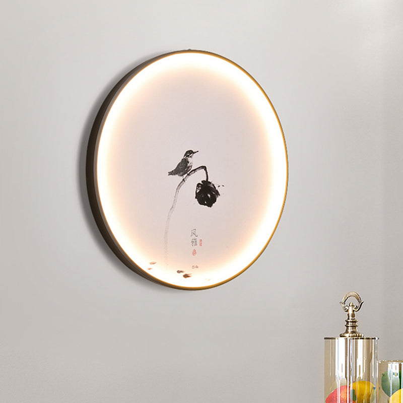 Chinese Style Led Mural Light With Bird And Lotus Design For Dining Room - Black Flush Mount Sconce