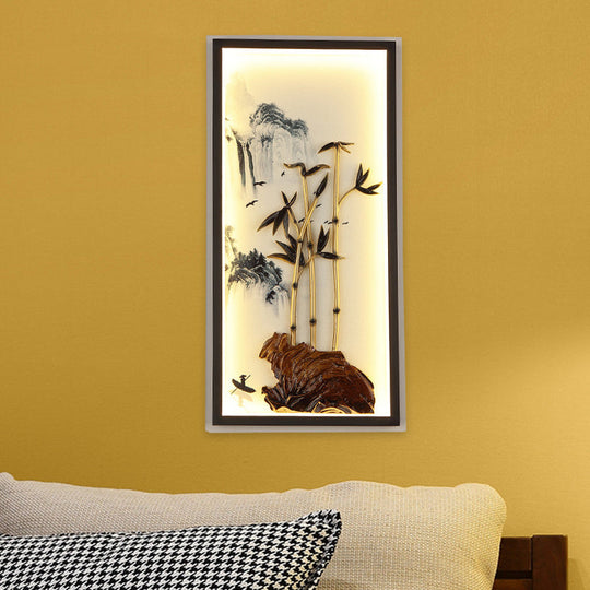 Black Bamboo And Mountain Mural Chinese Led Wall Light Fixture With Metal Frame