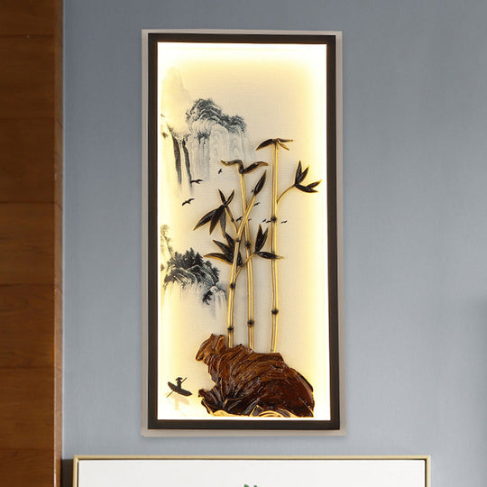 Black Bamboo And Mountain Mural Chinese Led Wall Light Fixture With Metal Frame