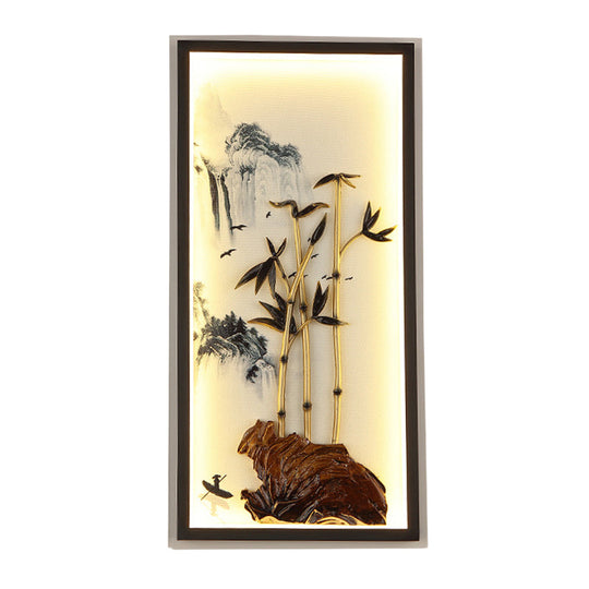 Black Bamboo And Mountain Mural Chinese Led Wall Light Fixture With Metal Frame