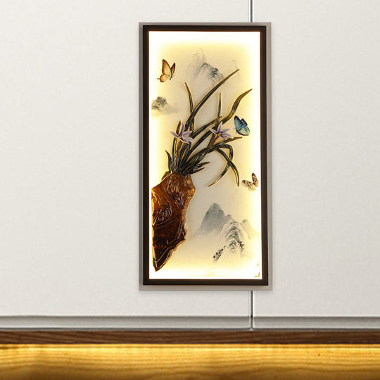 Asian Aluminum Led Wall Mount Light In Black With Butterfly Mountain Landscape Mural