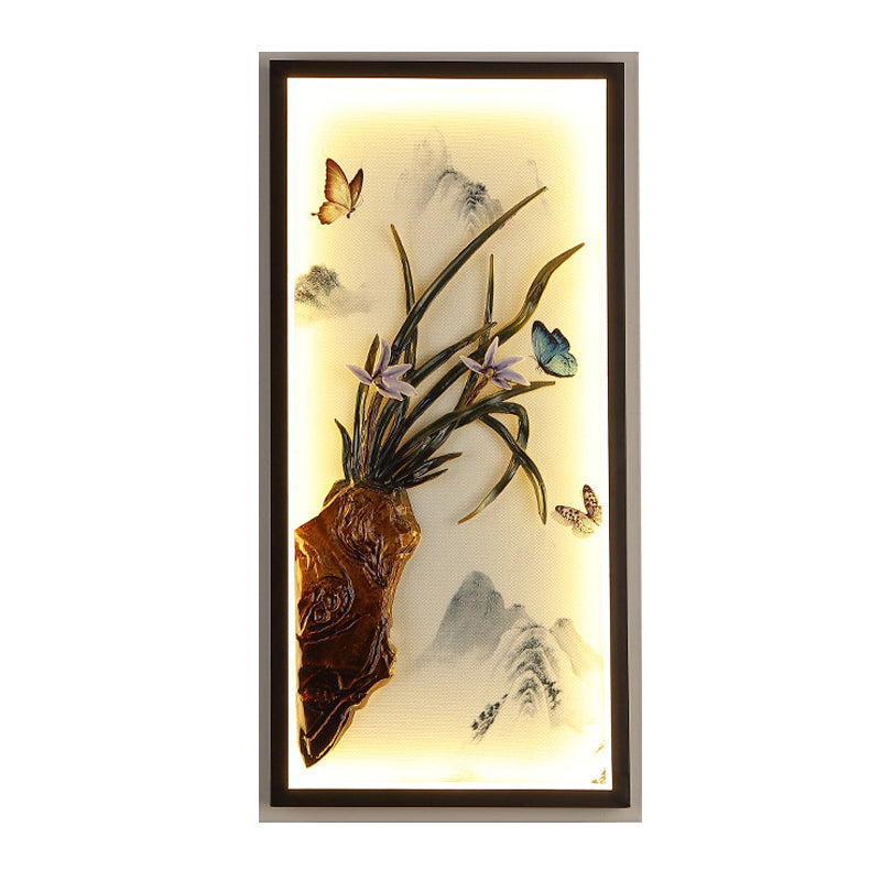 Asian Aluminum Led Wall Mount Light In Black With Butterfly Mountain Landscape Mural