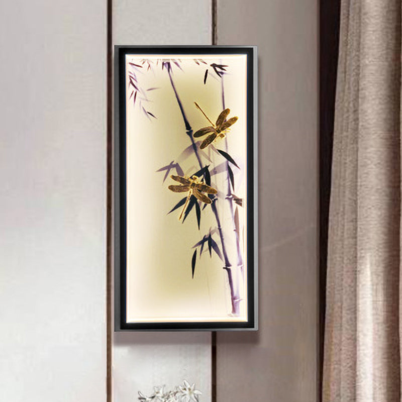 Chinese Dragonfly & Bamboo Printed Led Wall Lamp For Bedroom Black