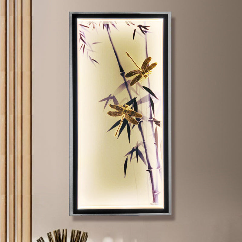 Chinese Dragonfly & Bamboo Printed Led Wall Lamp For Bedroom