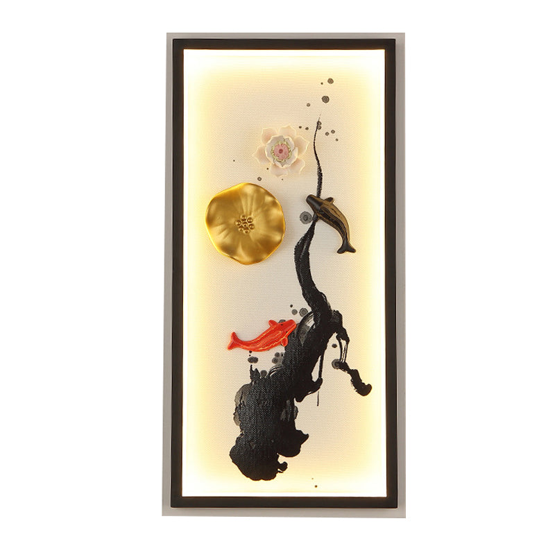 Chinese Ink Lotus Pond Led Wall Sconce In Black For Elegant Living Room Lighting