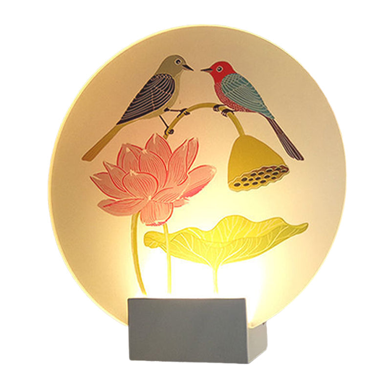 White Led Asia Lovebird And Lotus Mural Lamp For Bedroom Wall