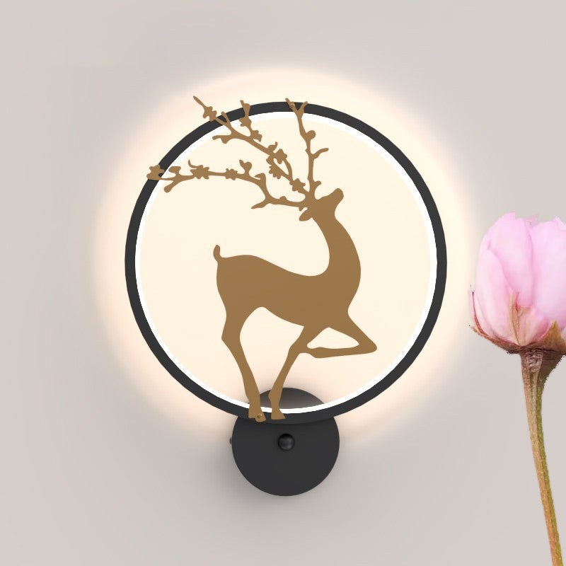 Nordic Metallic Led Wall Light With Elk Mural Design For Bedroom Black Ring