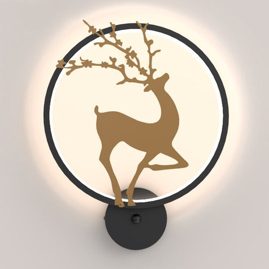 Nordic Metallic Led Wall Light With Elk Mural Design For Bedroom Black Ring