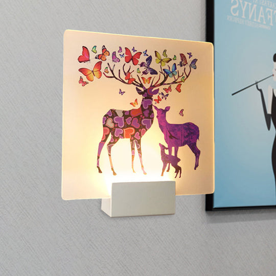 Acrylic Led Wall Sconce: Round/Square Nordic White And Pink/Purple Deer Mural Lighting For Bedside