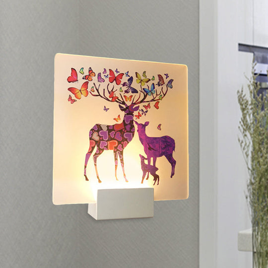 Acrylic Led Wall Sconce: Round/Square Nordic White And Pink/Purple Deer Mural Lighting For Bedside