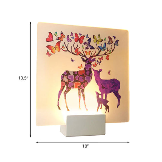 Acrylic Led Wall Sconce: Round/Square Nordic White And Pink/Purple Deer Mural Lighting For Bedside