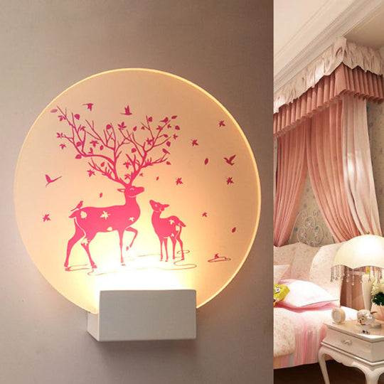 Acrylic Led Wall Sconce: Round/Square Nordic White And Pink/Purple Deer Mural Lighting For Bedside