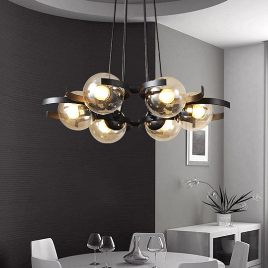 Industrial Cluster Pendant Light With 6 Hanging Clear Glass Ball Shades Black Finish