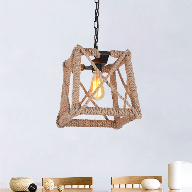 Country Style Black Metal And Rope Pendant Light - Caged Hanging Ceiling With Globe/Square Shade /