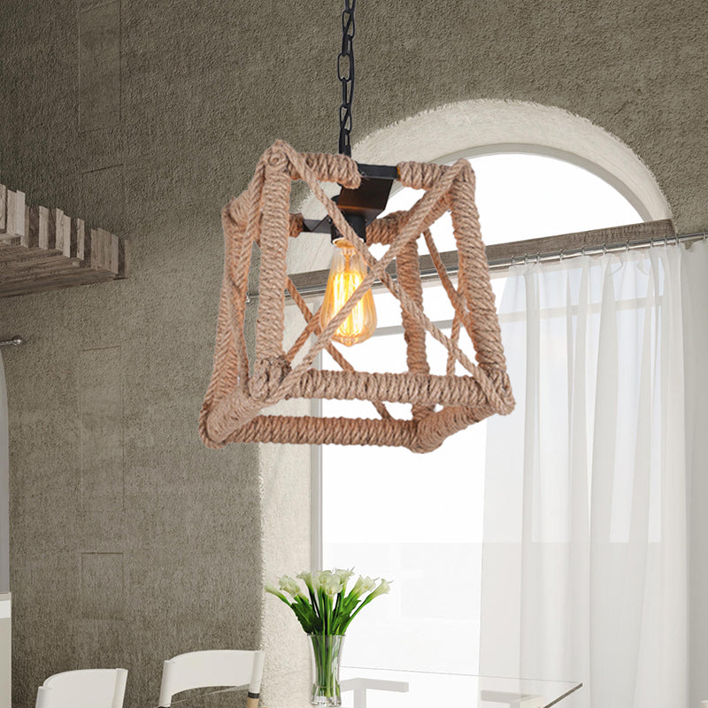 Country Style Black Metal Hanging Ceiling Light with Caged Bulb and Globe/Square Shade – Rope Pendant