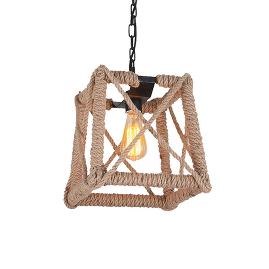 Country Style Black Metal Hanging Ceiling Light with Caged Bulb and Globe/Square Shade – Rope Pendant