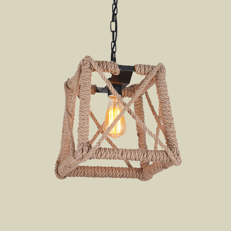 Country Style Black Metal Hanging Ceiling Light with Caged Bulb and Globe/Square Shade – Rope Pendant