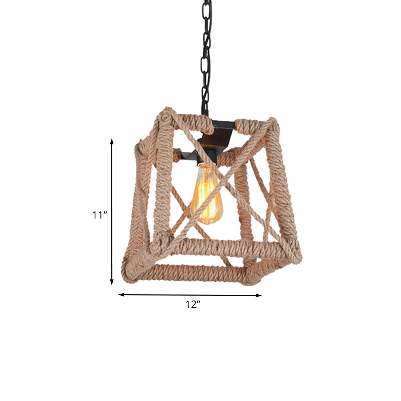 Country Style Black Metal Hanging Ceiling Light with Caged Bulb and Globe/Square Shade – Rope Pendant