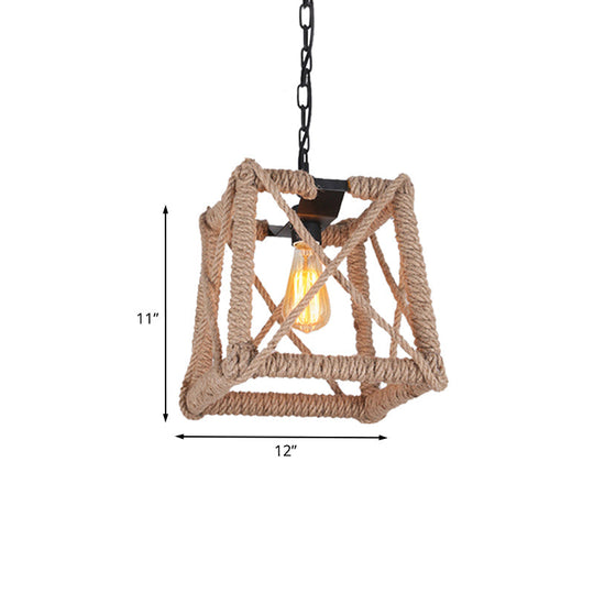 Country Style Black Metal And Rope Pendant Light - Caged Hanging Ceiling With Globe/Square Shade