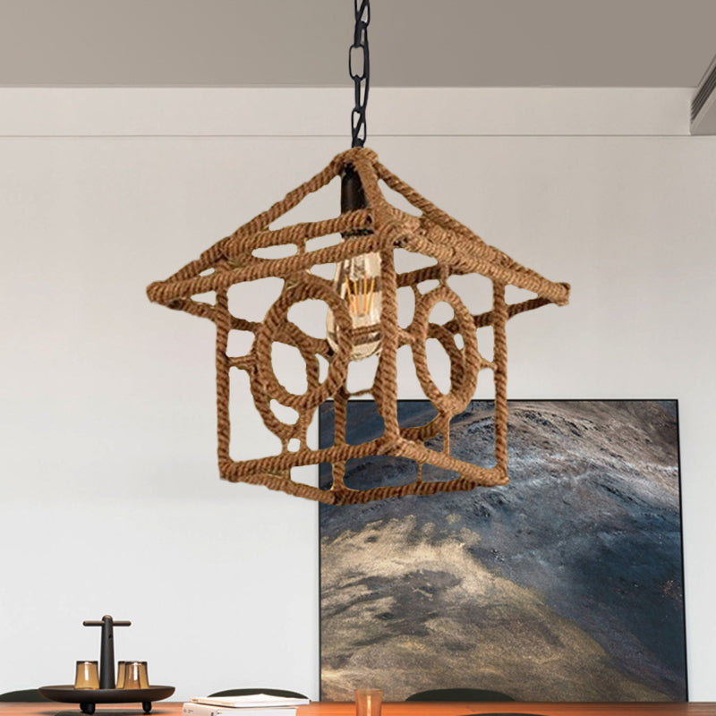 Country Style Black Metal And Rope Pendant Light - Caged Hanging Ceiling With Globe/Square Shade /