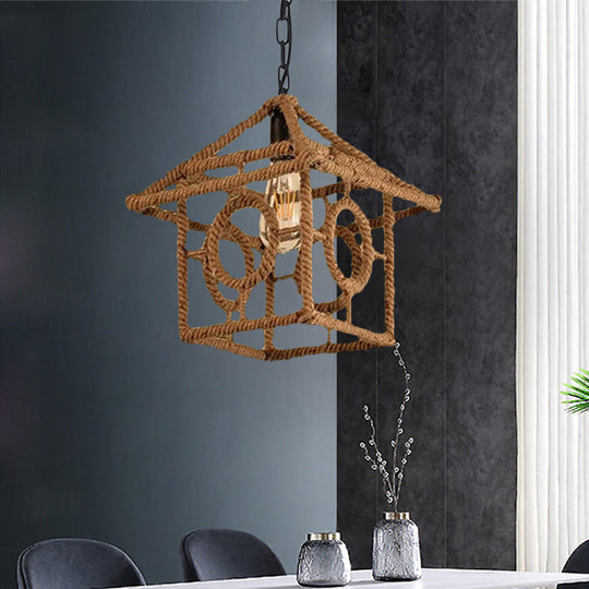 Country Style Black Metal Hanging Ceiling Light with Caged Bulb and Globe/Square Shade – Rope Pendant