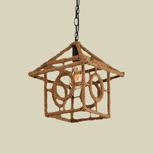 Country Style Black Metal Hanging Ceiling Light with Caged Bulb and Globe/Square Shade – Rope Pendant