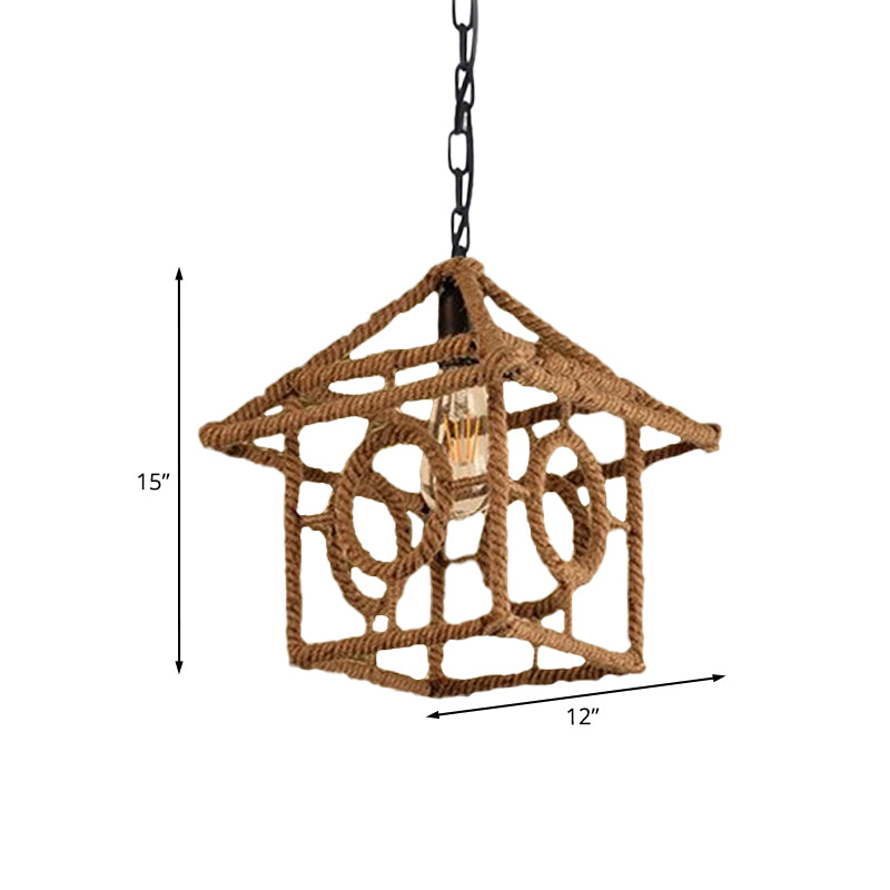 Country Style Black Metal Hanging Ceiling Light with Caged Bulb and Globe/Square Shade – Rope Pendant