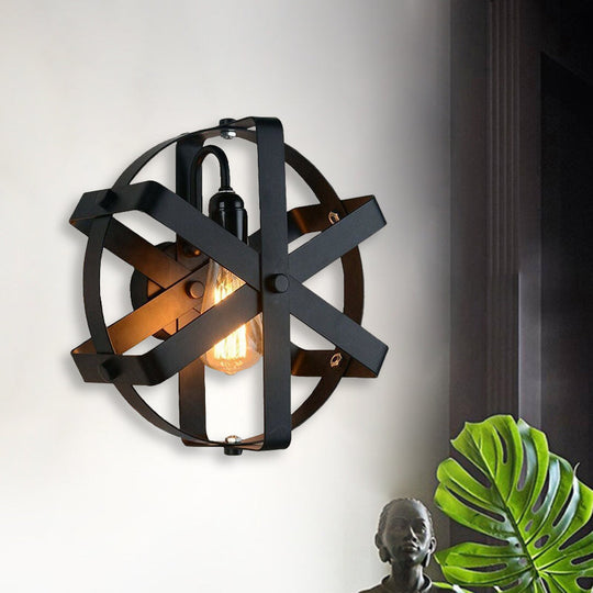 Metallic Black Wall Mount Sconce With Industrial Gear Design - Round Shade 1 Light