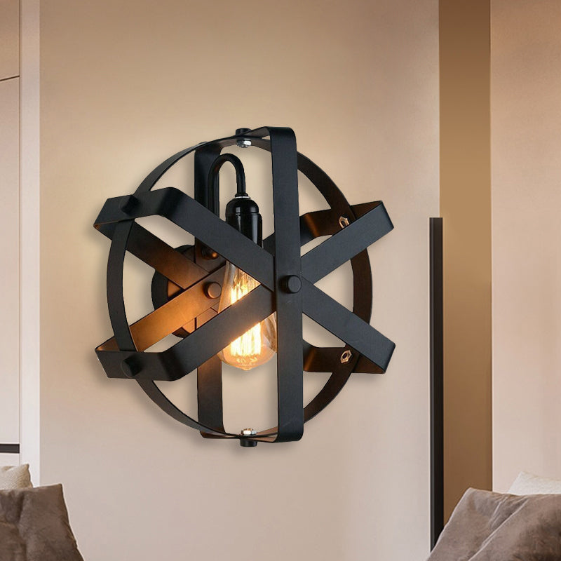 Metallic Black Wall Mount Sconce With Industrial Gear Design - Round Shade 1 Light