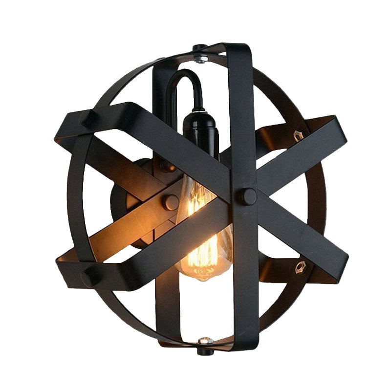 Metallic Black Wall Mount Sconce With Industrial Gear Design - Round Shade 1 Light